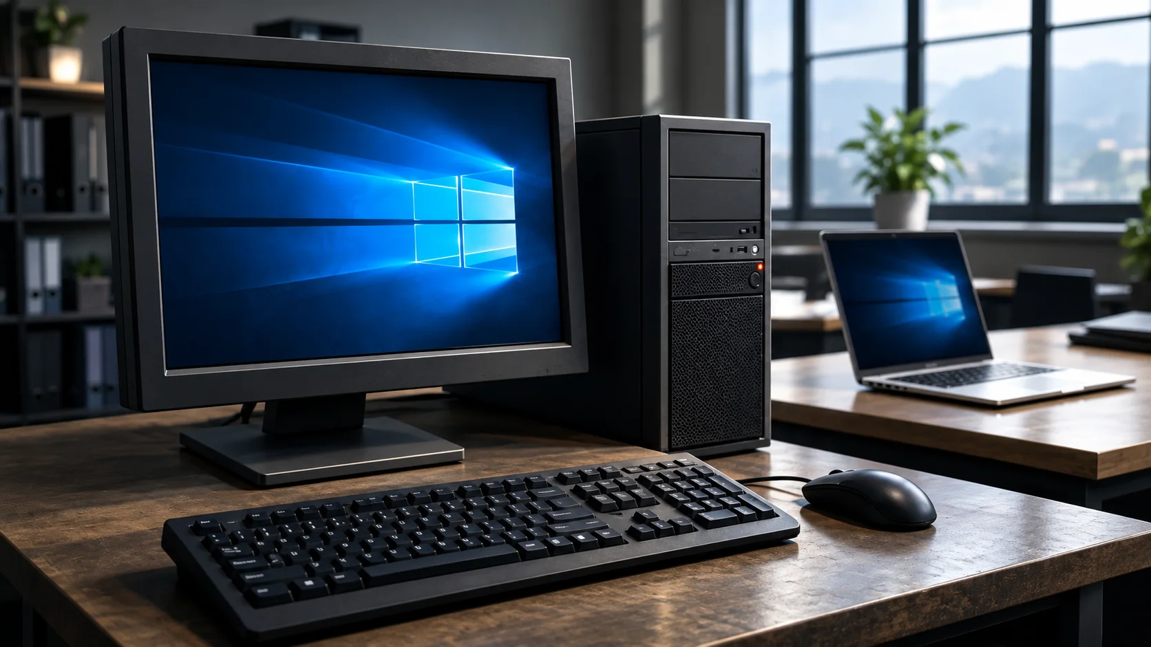 Windows 10 end of support security warning on an older Desktop next to a new replacement laptop