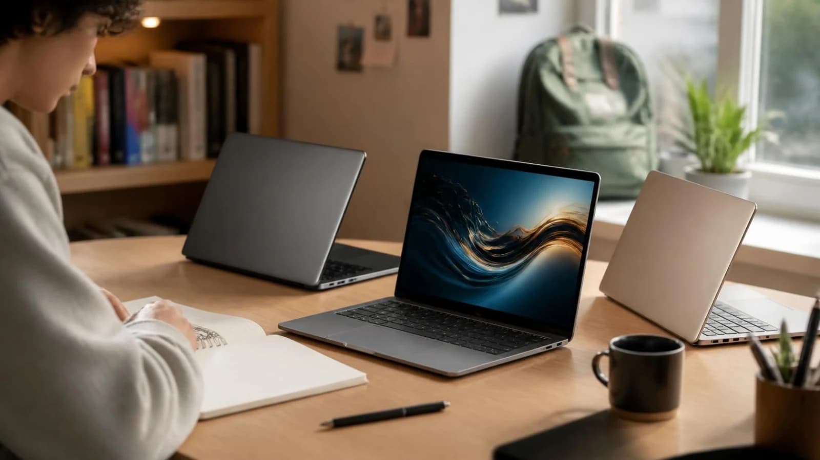 Student writing in a notebook at a desk with three open laptops, with a bookshelf, backpack and coffee mug nearby