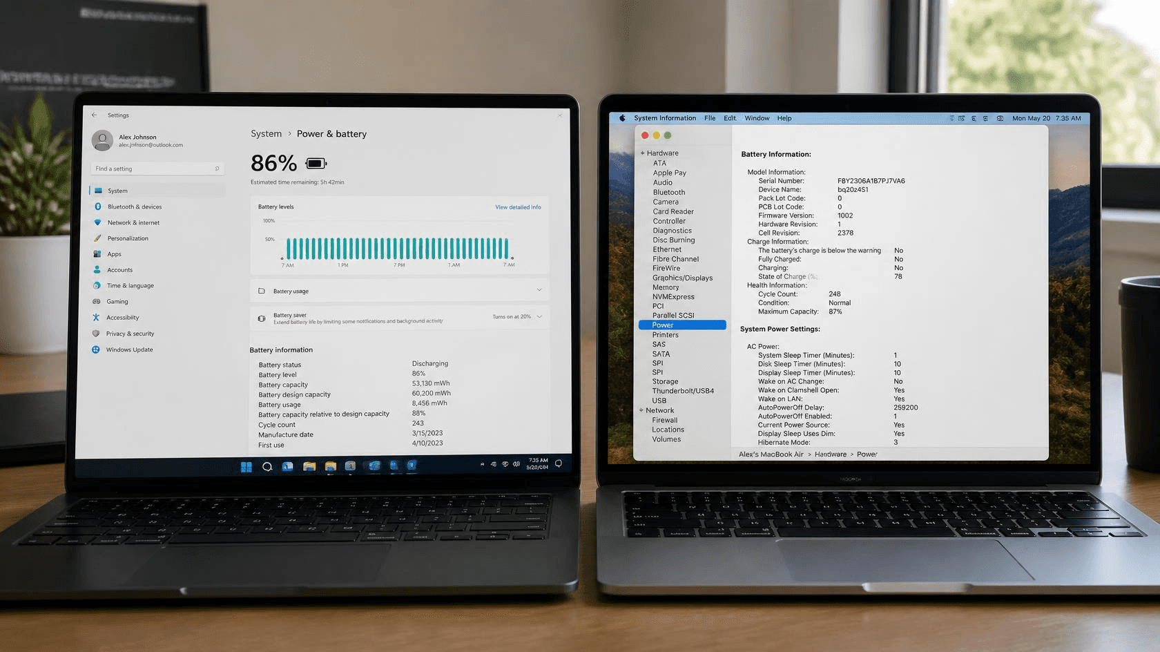 Windows 11 laptop showing battery capacity settings beside a MacBook showing battery cycle count and condition in System Information
