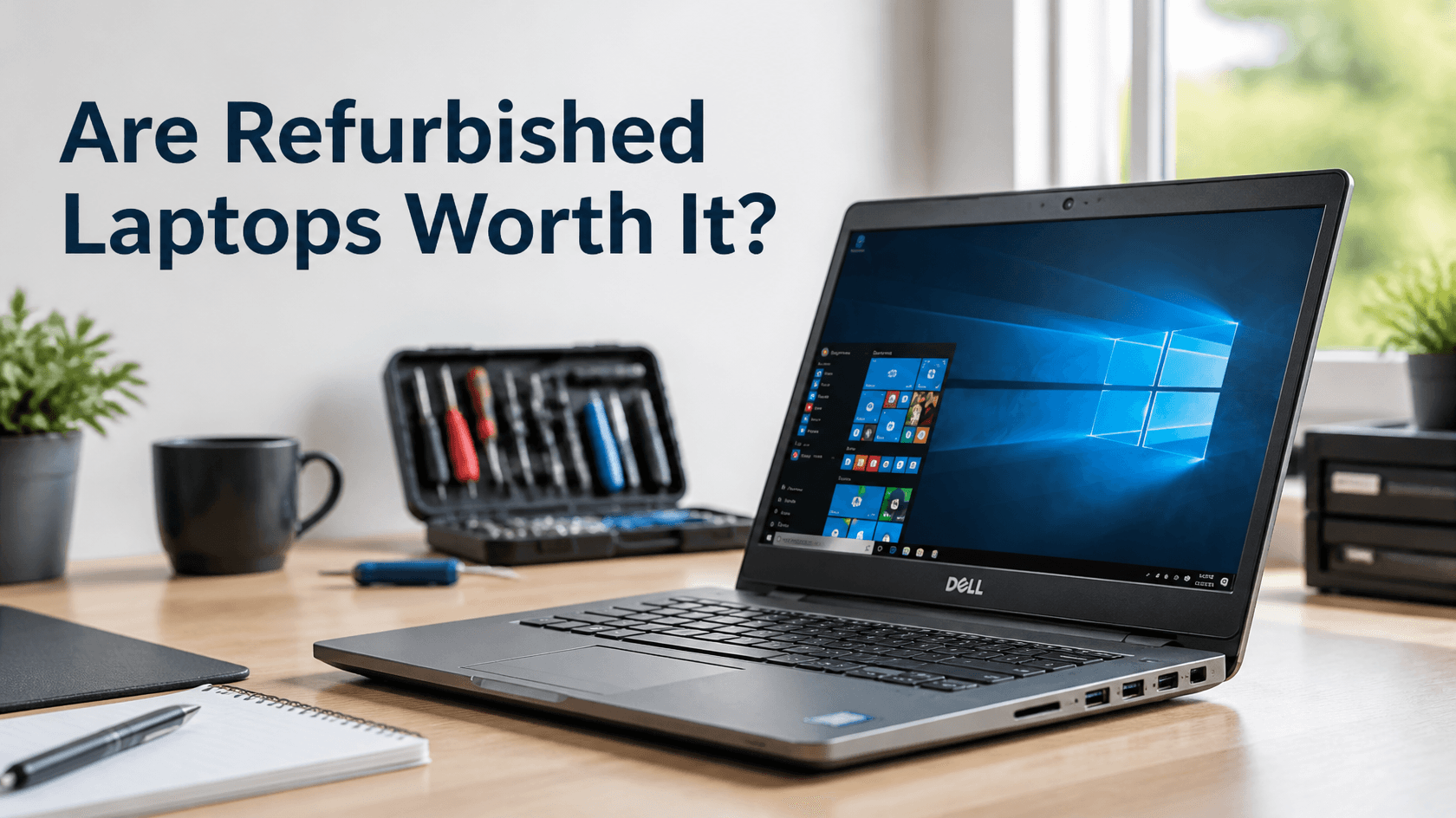 Grey Dell laptop running Windows on a wooden desk beside a precision screwdriver kit, coffee mug and notebook, under the heading Are Refurbished Laptops Worth It?