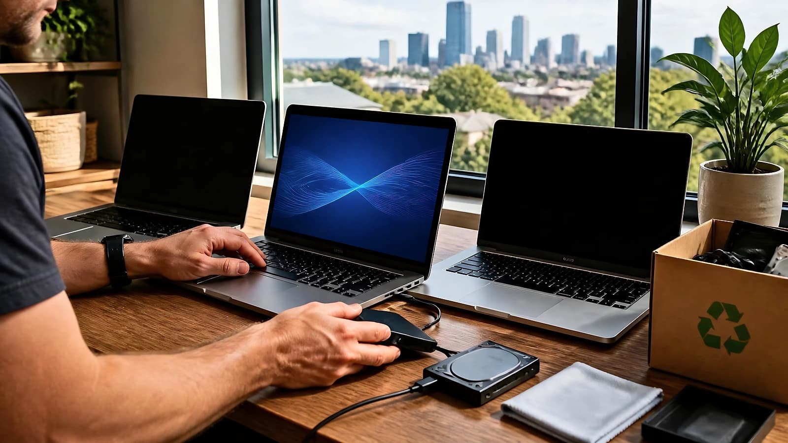 Person wiping data from an old laptop connected to an external hard drive, with two more laptops and a recycling box on the desk